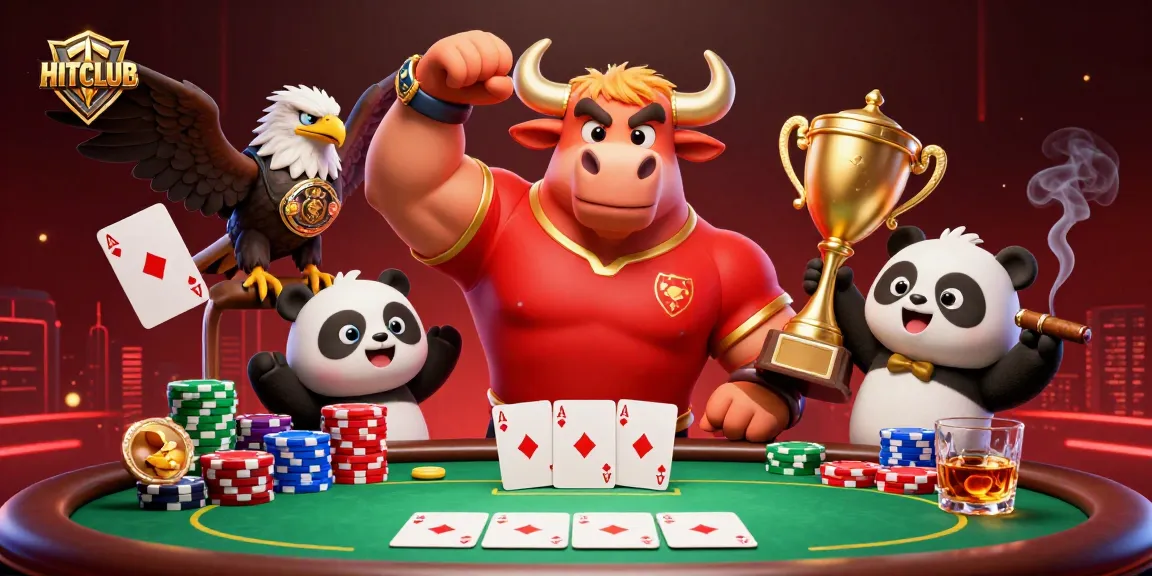 HITCLUB celebrates gaming with a dynamic scene featuring a bull mascot, eagle, and panda amidst a bustling casino atmosphere.