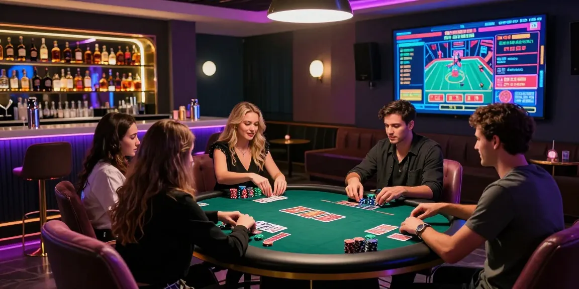Group of friends enjoying iwin online gaming in a stylish lounge with vibrant lights and premium decor.