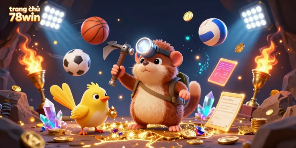 Experience the vibrant action on trang chủ 78win with a cartoon treasure hunter and sports elements in a dynamic 3D illustration.