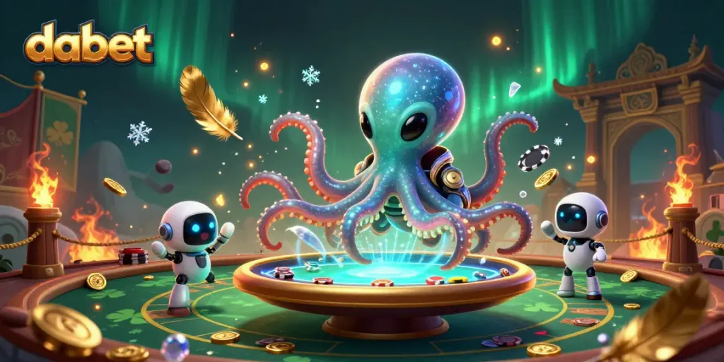 Engage in thrilling poker with Dabet's vibrant 3D cartoon octopus character at the gaming table