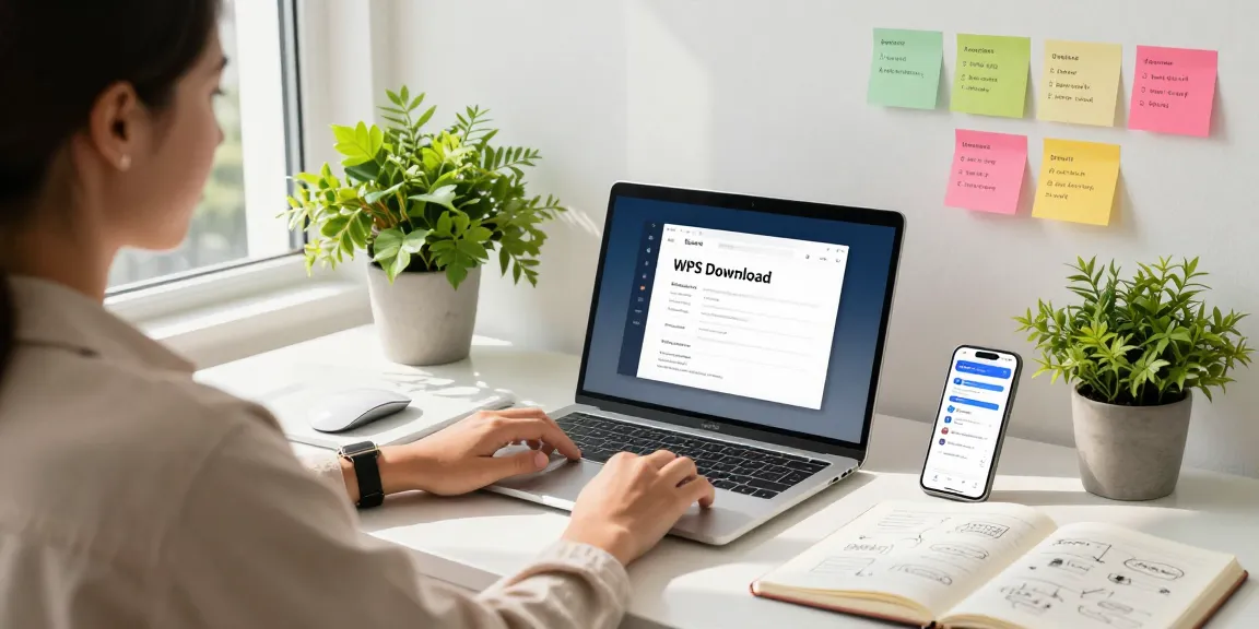 WPS Download productivity workspace setup with modern laptop and creative notes.