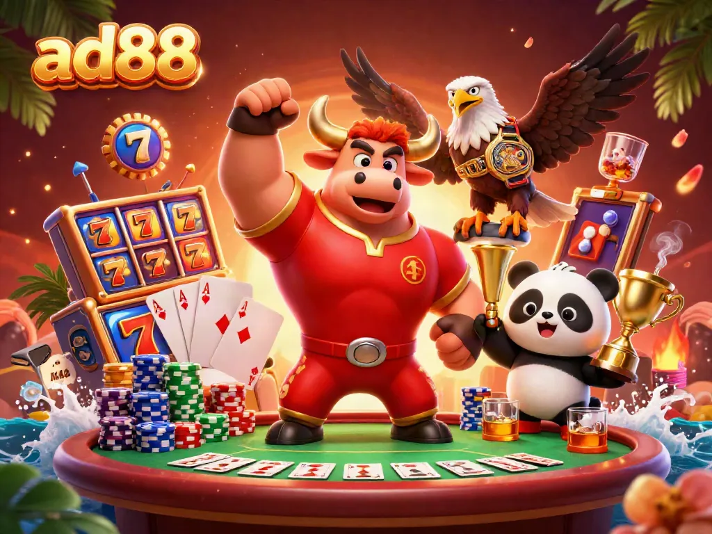Engage with the thrilling atmosphere of ad88, featuring a charismatic bull mascot, eagle, and panda amidst vibrant gambling scenes.