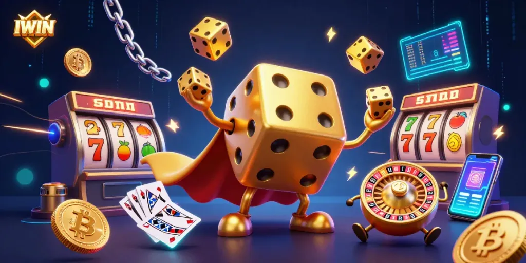 IWIN players spin reels and win jackpots with vibrant slot machine elements in a dynamic 3D scene.