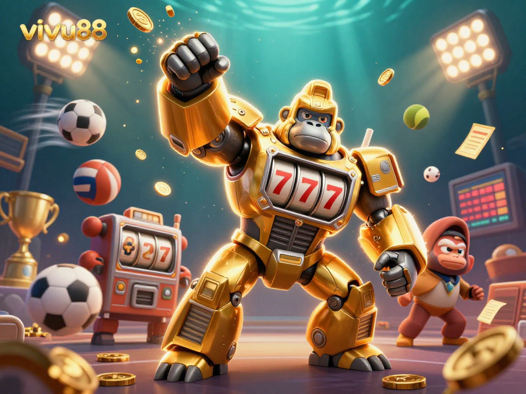 Experience thrilling gameplay at vivu88 with our golden gorilla mech and dynamic sports elements exploding with excitement.