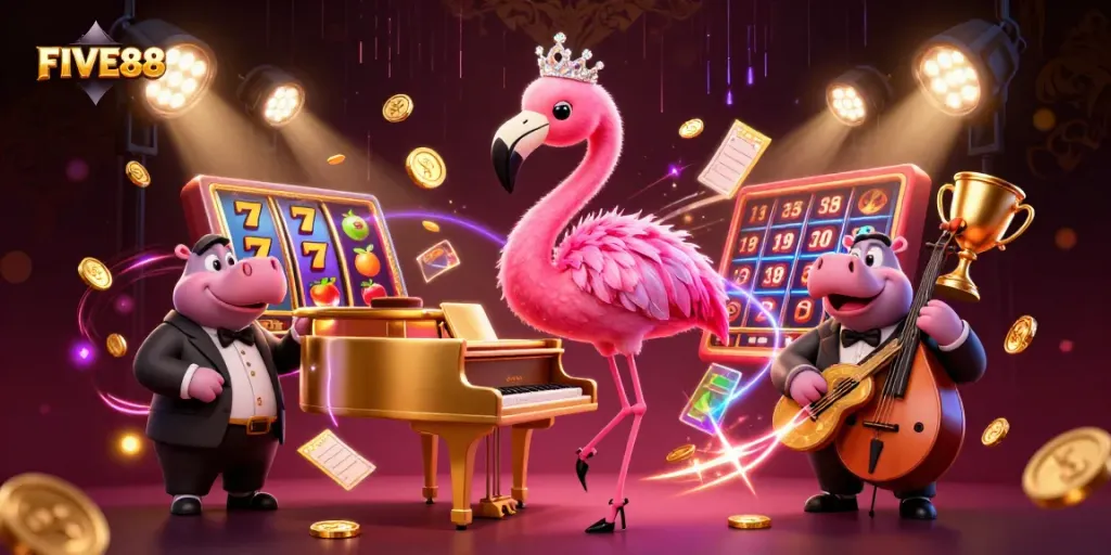 Experience winning at FIVE88 with vibrant 3D casino scene of a flamingo singer and hippo bassist.