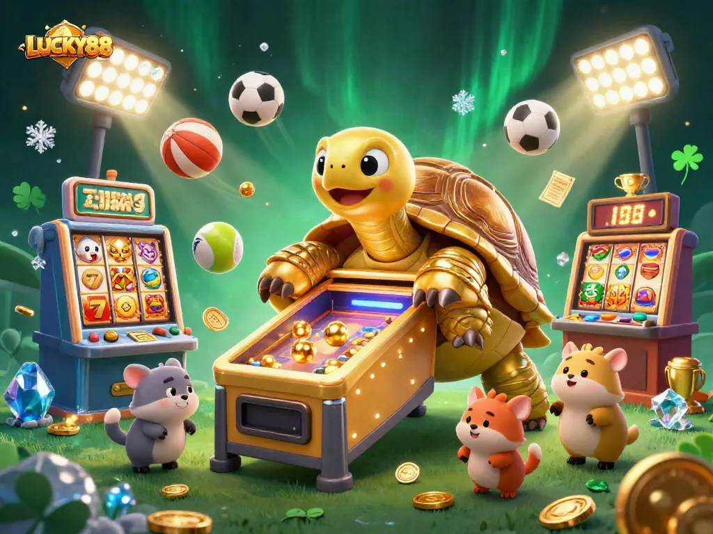 Join the excitement of LUCKY88 with this vibrant 3D slot and gaming scene packed with action!
