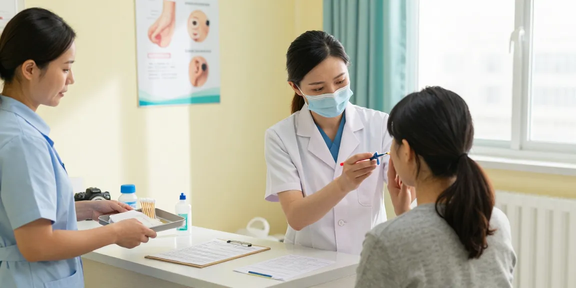 Healthcare professional using an ear syringe on a patient in a well-lit clinic.