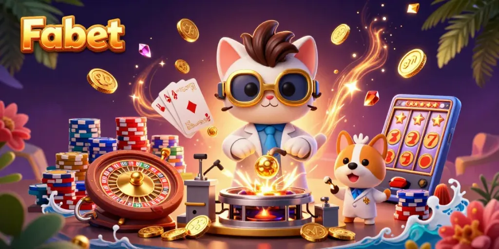 Join Fabet's mad scientist cat and loyal lab assistant in a vibrant casino scene with dynamic gaming elements.