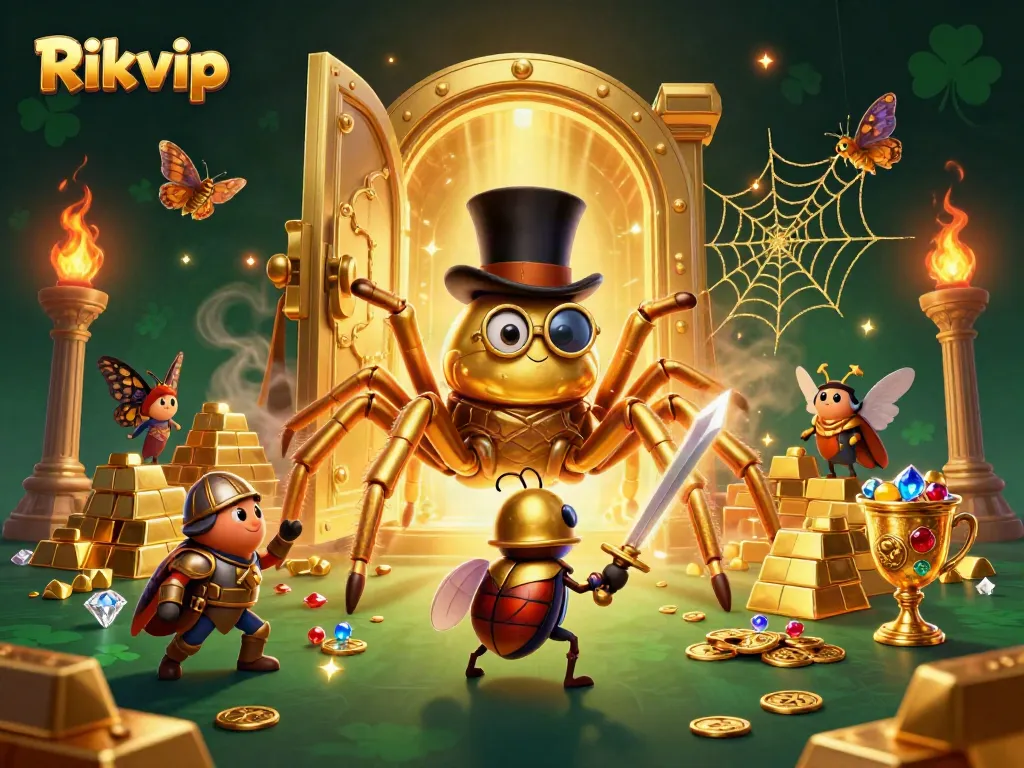 Engage with Rikvip's vibrant casino world featuring a dynamic 3D scene of a golden tarantula and a brave knight.