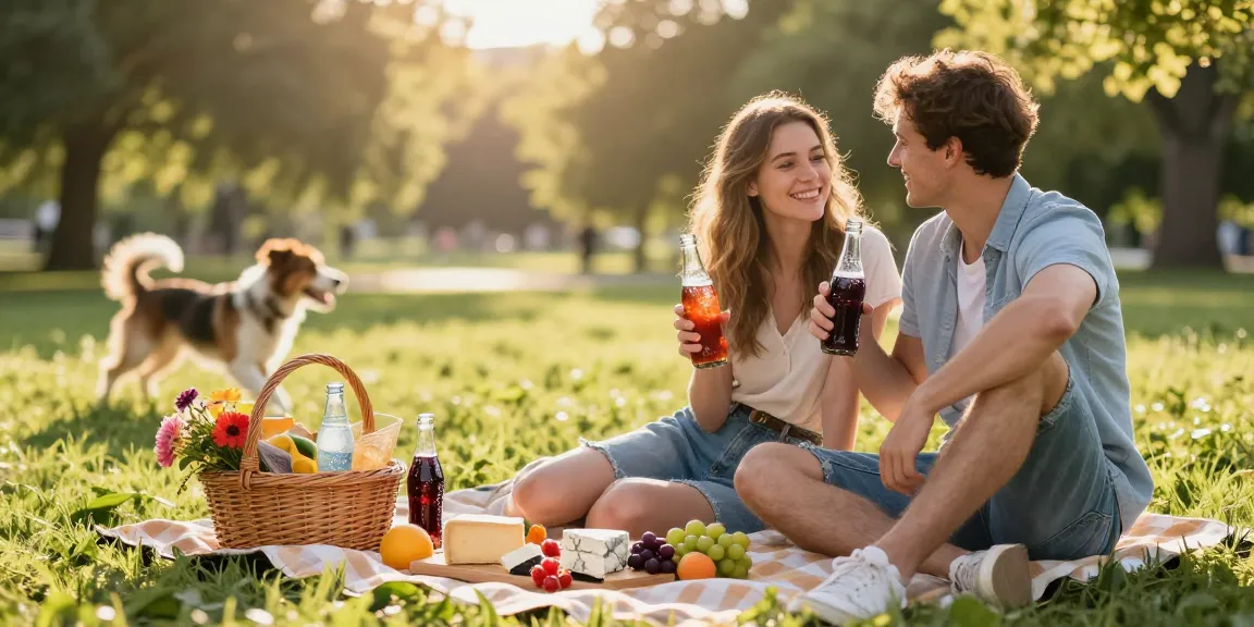 Refreshing glass bottle soda at a vibrant picnic scene in the park.