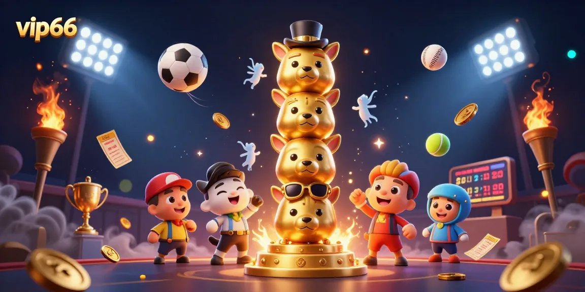 Experience the excitement of vip66 with dynamic sports betting elements and a golden totem pole in a vibrant illustration.