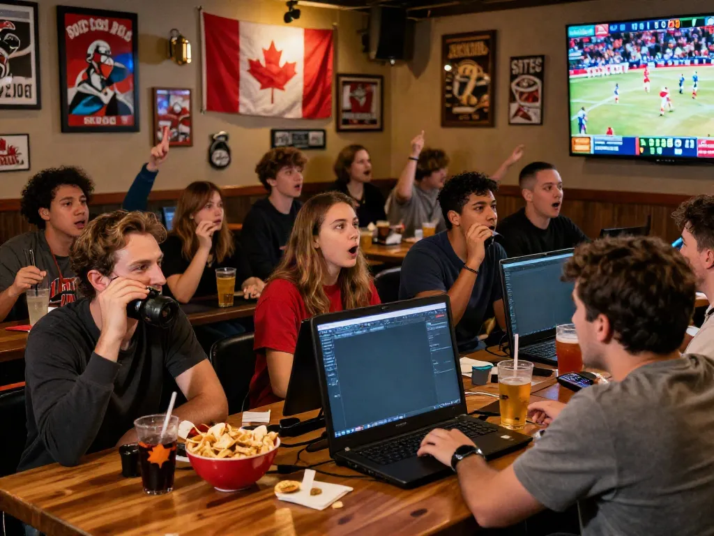 Streek Sportsbook Canada ambiance in lively sports bar with friends cheering and checking odds.