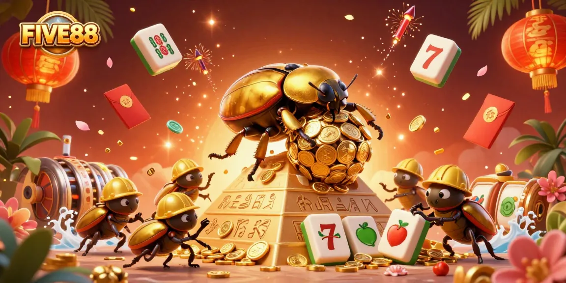 Experience immersive gaming action at FIVE88 with a vibrant 3D casino illustration featuring joyful characters and dynamic themes.