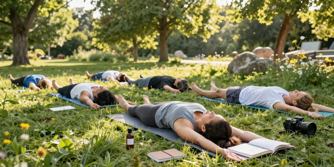 ministryofcannabis CBD oil bottle with friends practicing yoga outdoors, promoting natural wellness.