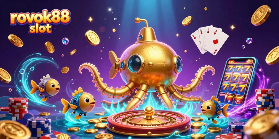 Experience thrilling action at rokok88 slot with an ultra-detailed 3D casino illustration featuring golden kraken and vibrant elements.