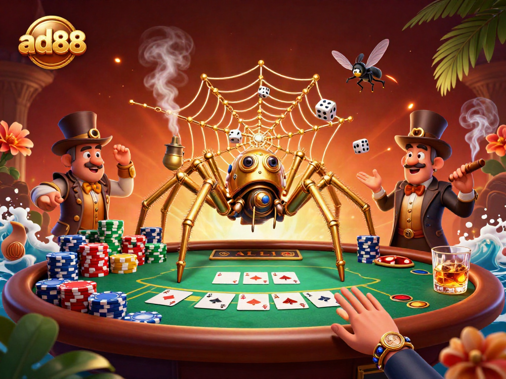ad88 showcases a 3D steampunk spider in a vibrant poker scene, highlighting gaming excitement.