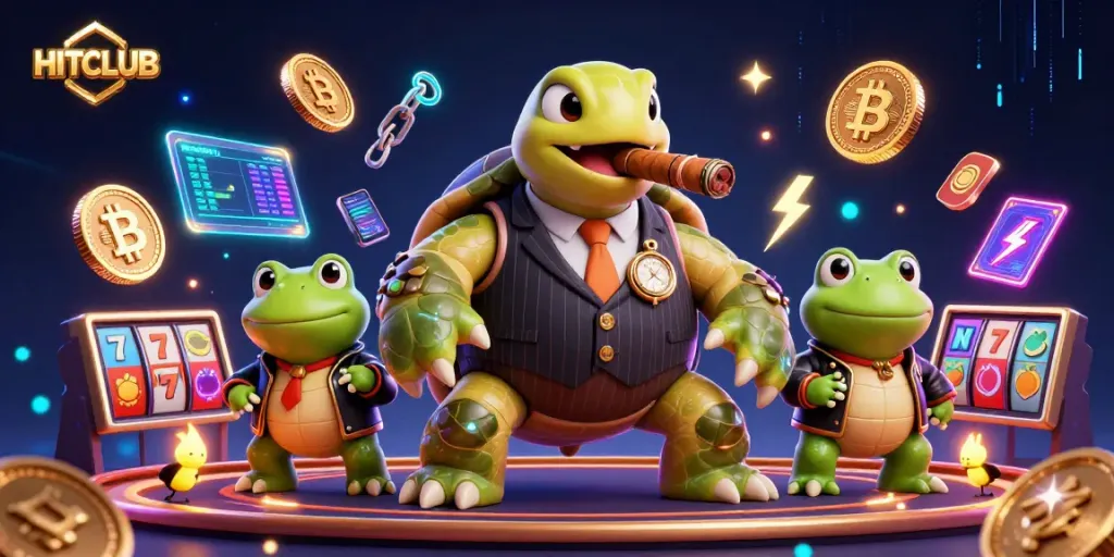Engage with HITCLUB's casino magic featuring a turtle in a pinstripe suit amidst glowing crypto elements.