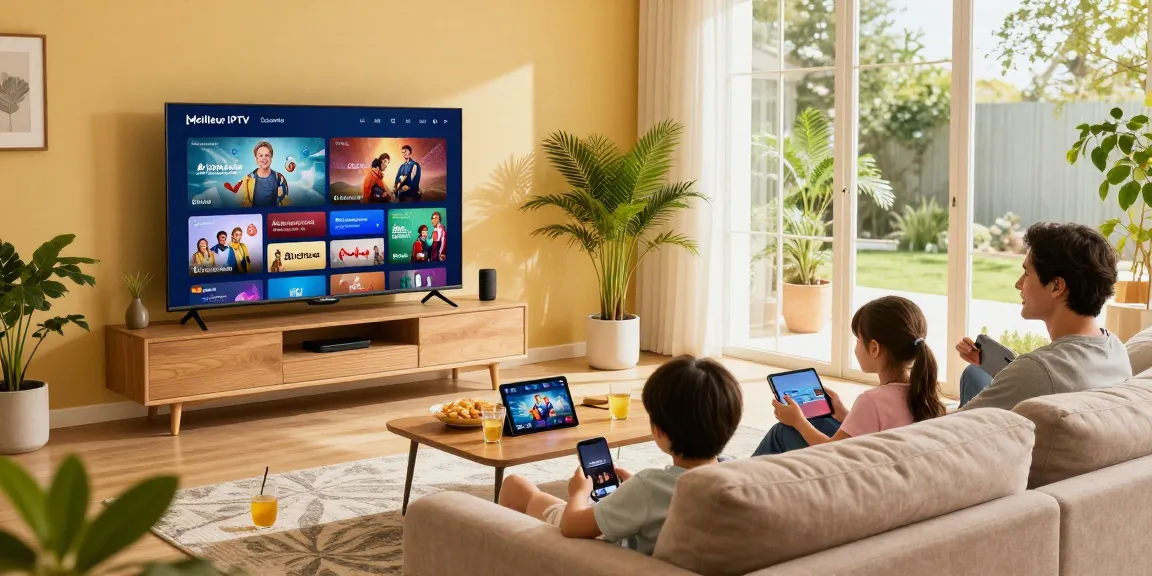 Family enjoying Meilleur iptv Canada in a vibrant living room, showcasing diverse streaming options and family engagement.