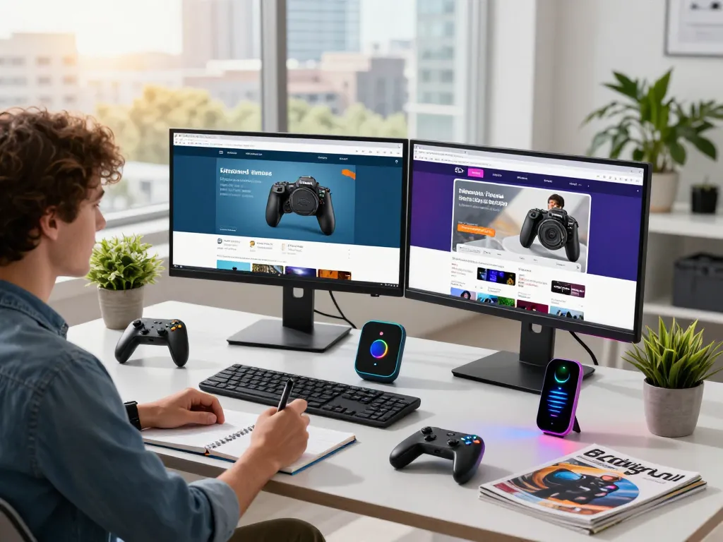 Innovative tech gadgets showcased in a modern workspace, highlighting Bluetooth devices and engaging setups.