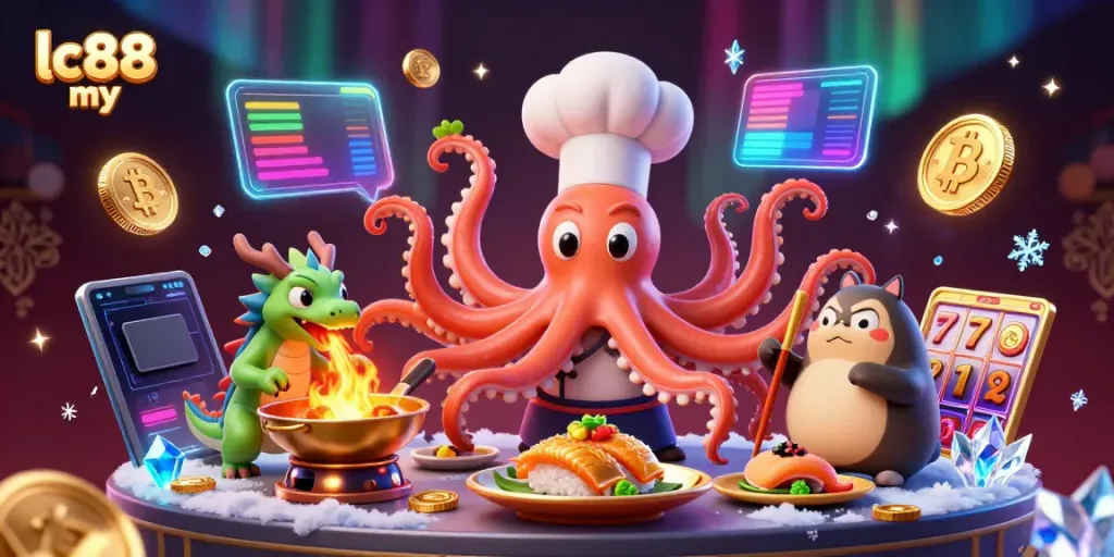 Engage in the vibrant world of lc88 my with a playful scene featuring a sushi chef octopus, dragon, and tanuki amongst jackpot symbols.