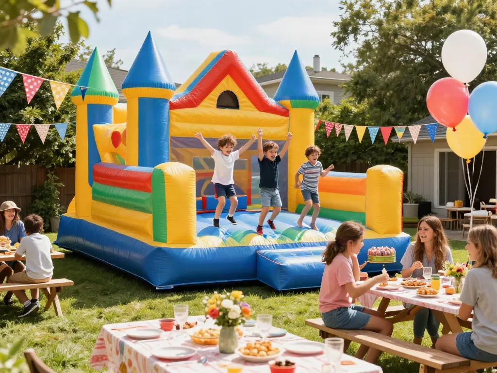 Children enjoying a lively inflatable castle at a backyard party, surrounded by colorful decorations.