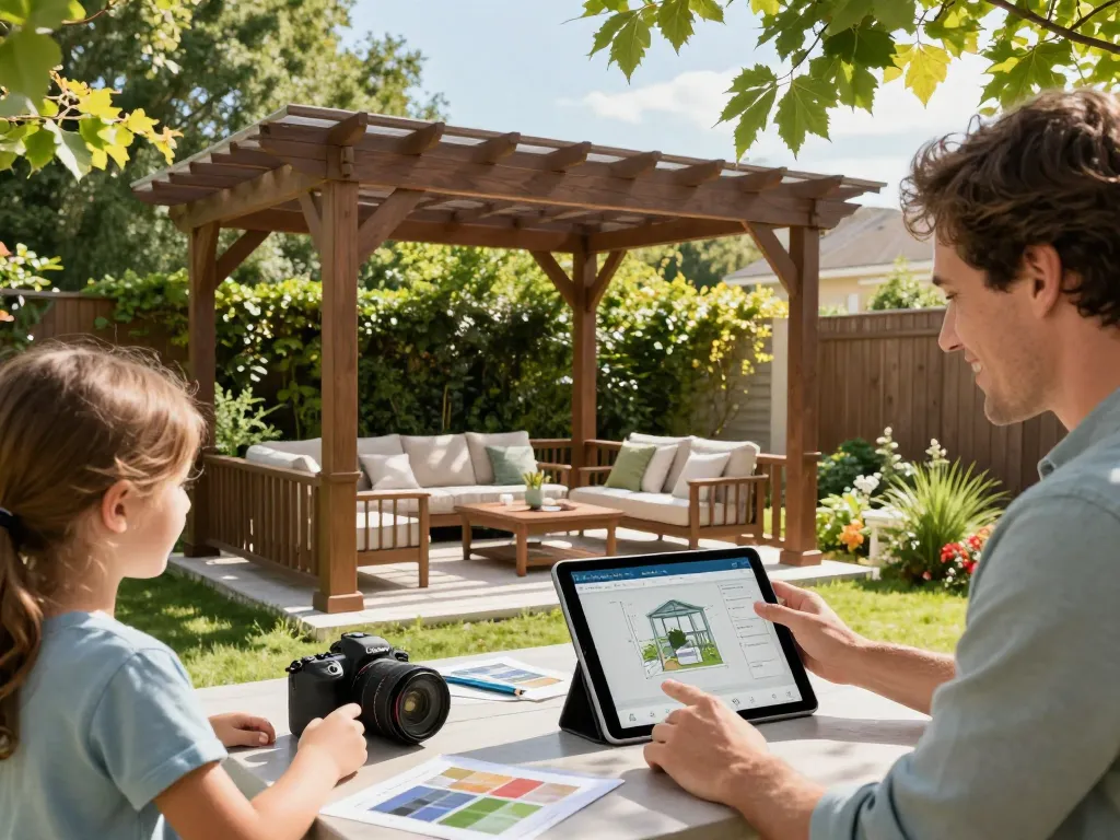 Homeowner configuring a pergola using Pergola Sales Software in Augmented Reality.
