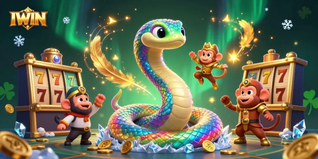 IWIN's vibrant casino-themed scene featuring a rainbow serpent and a monkey king amidst sparkling coins.