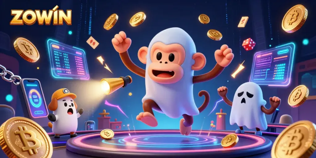 ZOWIN showcases an engaging cartoon scene of a playful poltergeist monkey juggling casino elements with a ghost-hunter puppy tracking it.