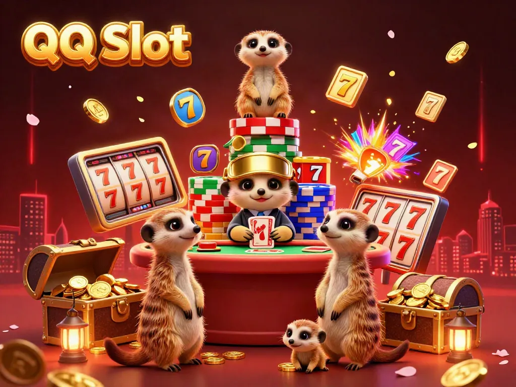 Experience thrilling gameplay at QQ Slot with lively meerkats managing an engaging casino scene.