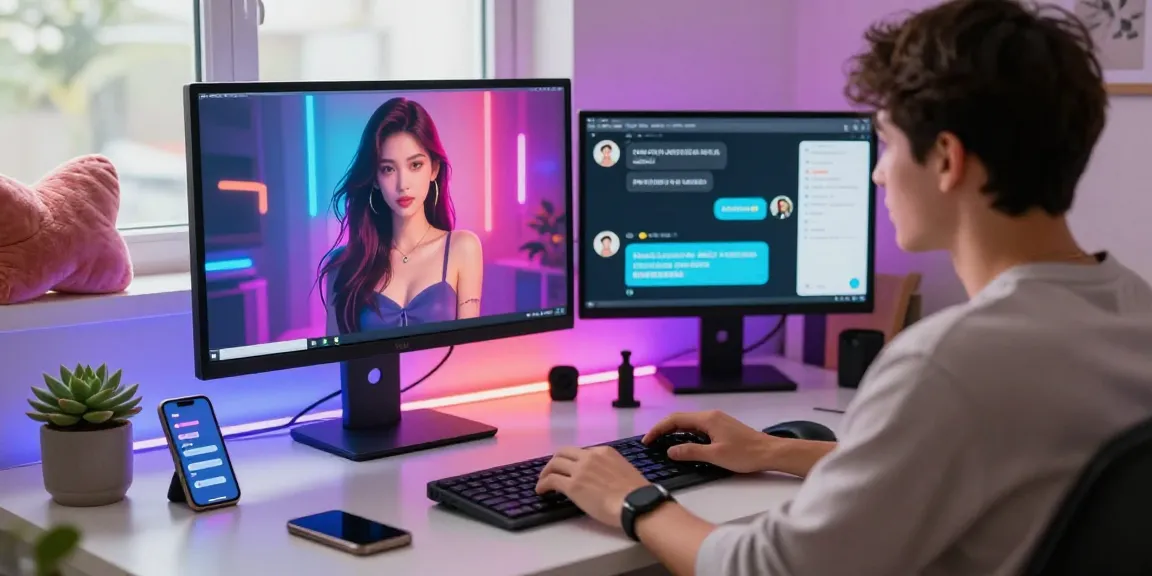 User interacting with Crushon AI's nsfw ai image generator in a vibrant home office environment.