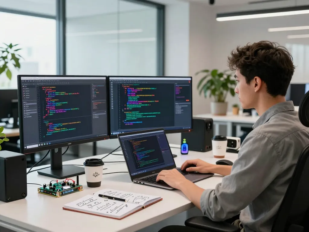 Developer programming on multiple screens in a tech workspace with code snippets showcasing crushonai innovation.