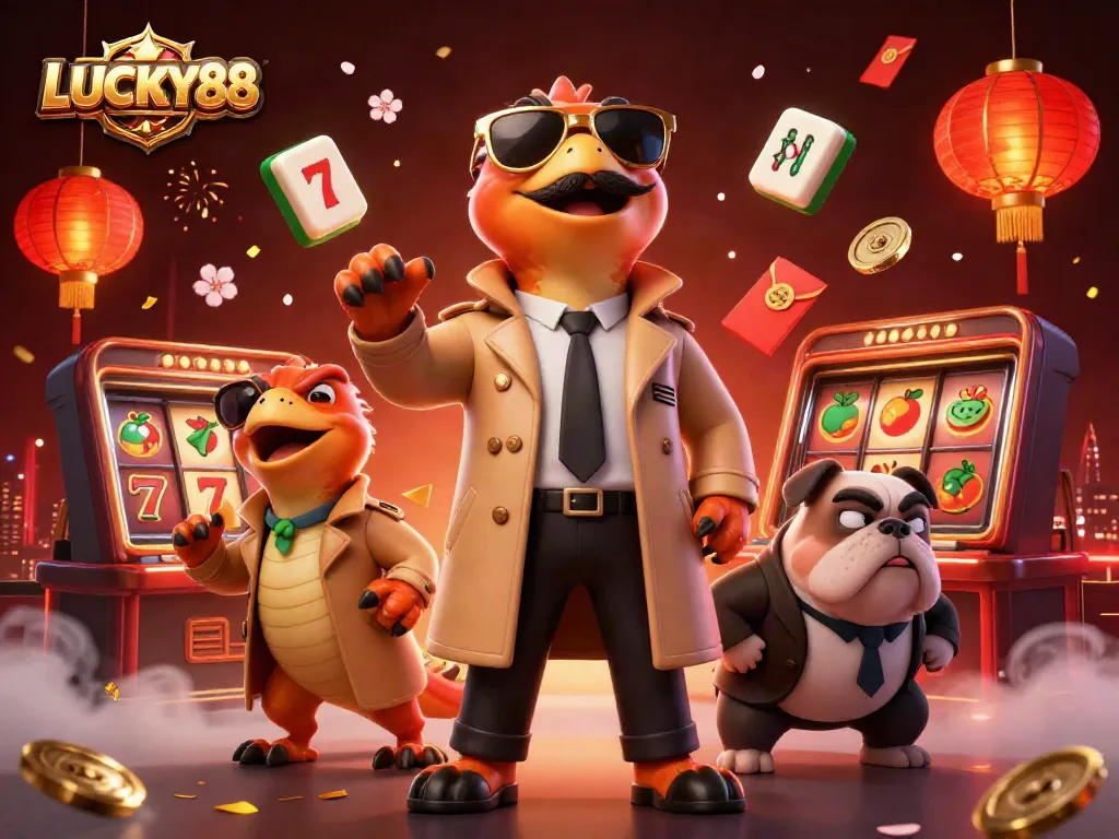 Experience the thrill of LUCKY88 with raptors cleverly entering a VIP lounge, surrounded by casino symbols.