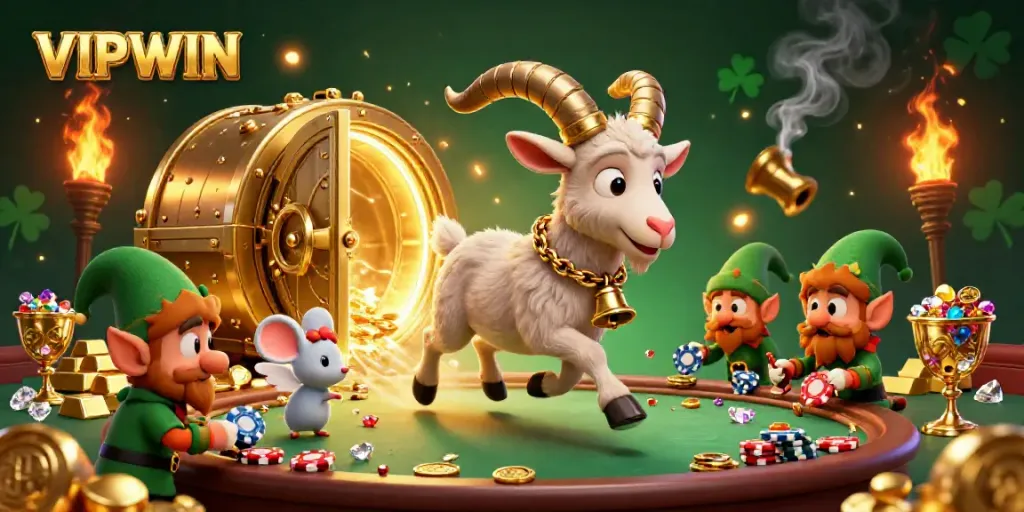 VIPWIN holiday horror casino scene with Krampus goat, angel mouse, and stealing gremlins.