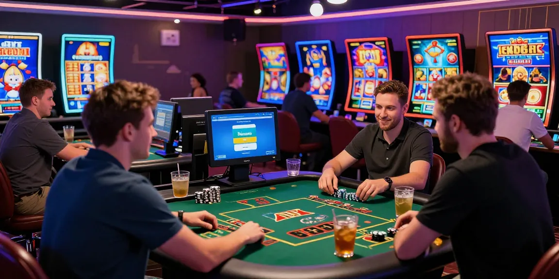 Szene eines Paysafe Card Casinos mit Spielern, die an einem lebhaften Online-Casino-Tisch Spiele genießen und digitale Interaktionen zeigen.