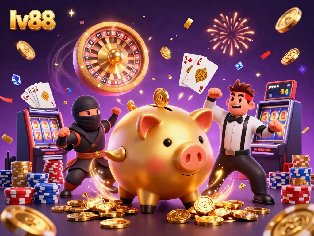 Experience lv88 with a 3D cartoon piggy bank sumo wrestler amidst exploding coins and casino elements.