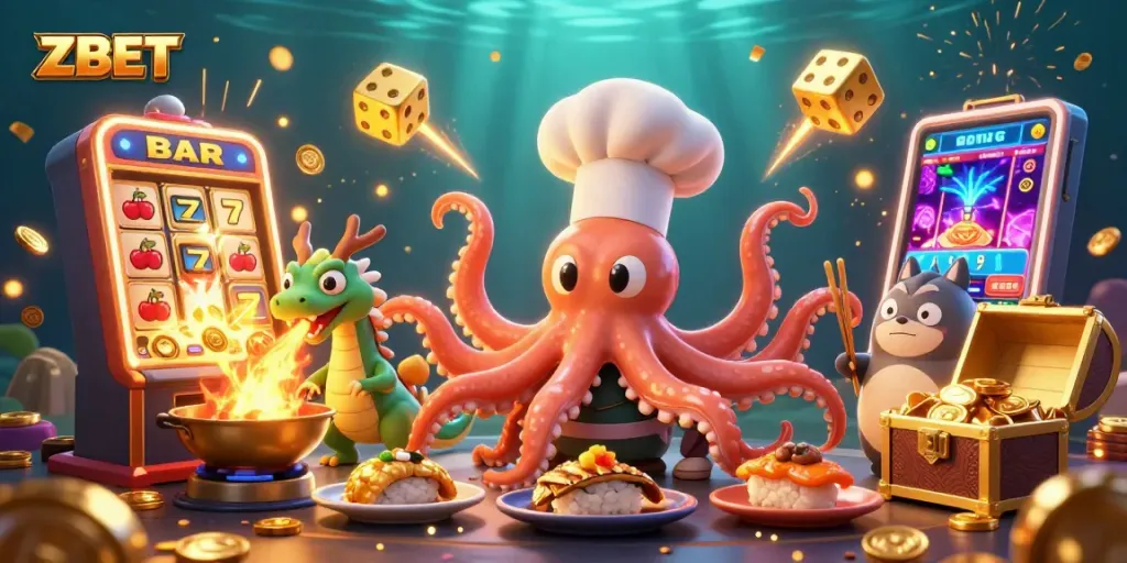 ZBET promotes excitement with a vibrant casino scene featuring dynamic 3D characters and engaging gambling activities.