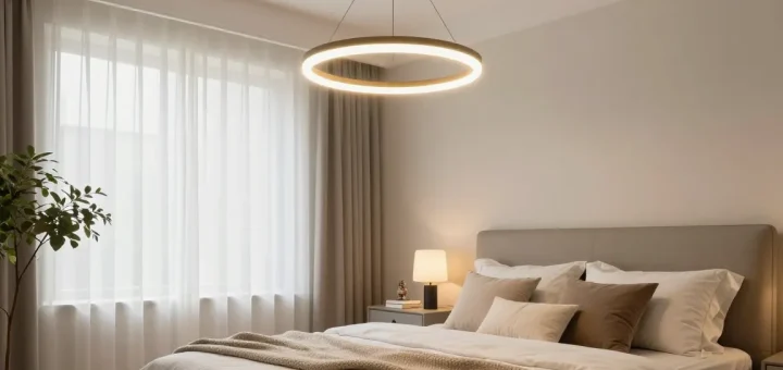 Candelabru dormitor elegant modern iluminând un dormitor rafinat, cu decor luminos și primitor.