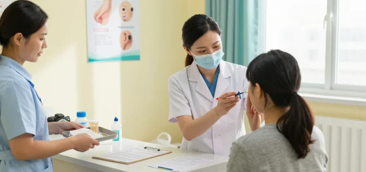 Healthcare professional using an ear syringe on a patient in a well-lit clinic.